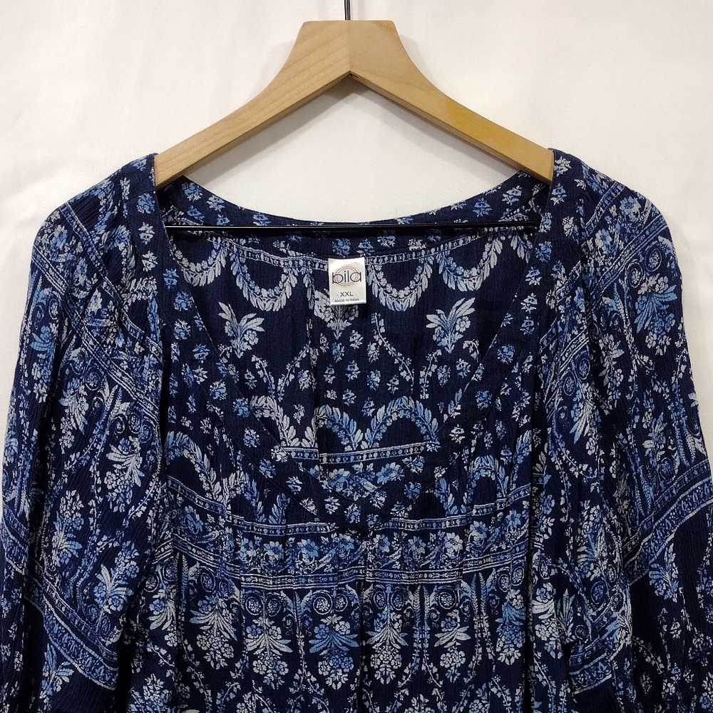 Bila Floral Top Women's XXL Blue Cottagecore Peasant Retro 90s Y2K Casual Comfy - Picture 2 of 8